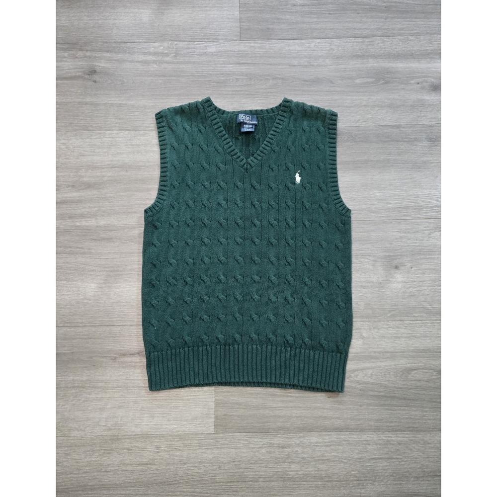 Polo Ralph Lauren VTG Cable Knit V Neck Green Sweater Vest Youth Medium 10/12